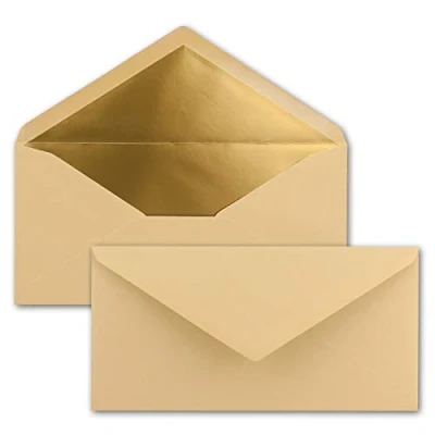 Abbildung von 50 Brief Umschläge DIN Lang Karamell mit Gold Metallic Innen Futter 110 x 220 mm Nassklebung festliche Kuverts für Einladungen