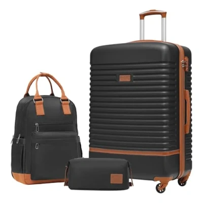 Abbildung von COOLIFE Koffer Trolley Reisekoffer von ABS Hartschalen 4 Rollen TSA Schloss Der Enthält 1 Reiserucksack und Kulturbeutel (Schwarz/Braun, Großer Set 3tlg)