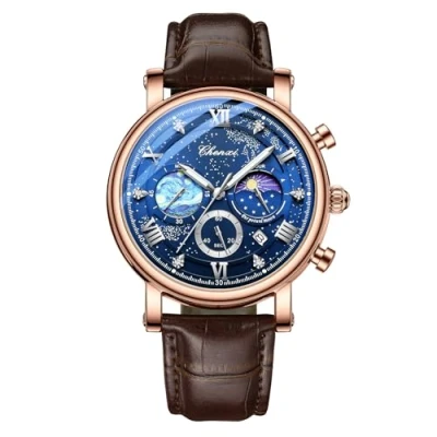 Abbildung von JewelryWe Herrenuhr Echtleder Chronograph Uhr: 30m Wasserdicht Analog Quarz Armbanduhr Herren Braun Lederband Sternenhimmel Multifunktional Uhr mit Kalender, Leuchtzeiger, Stoppuhr, Rosegold Gehäuse