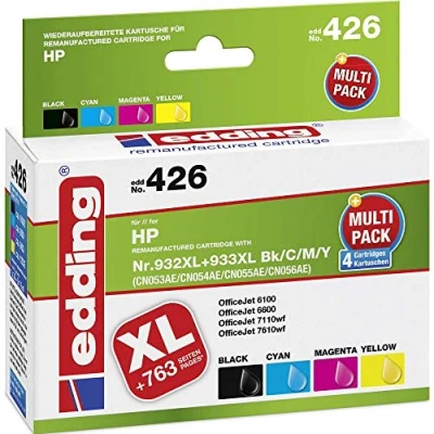 Abbildung von edding Druckerpatrone EDD 426 Multipack 4 Schwarz, Cyan, Magenta, Gelb 1x 30ml + 3x 12 ml Reichweite 1090 1030 Ersetzt HP 932XL/933XL (CN053/CN054/CN055/CN056)