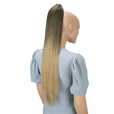Abbildung von CAISHA 70cm Extralang Clip On Haarteil Zopf Pferdeschwanz Hitzebeständig Synthetik Glatt Ombré Braun Blond H118