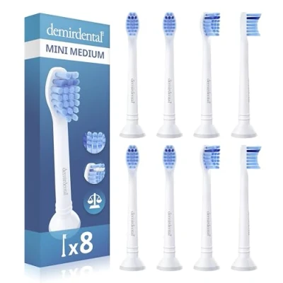 Abbildung von 8er demirdental Mini Aufsätze passend für Philips Sonicare Ersatzbürsten, Medium, kleine Bürstenköpfe präzise Reinigung, Weiß, entspricht HX6028