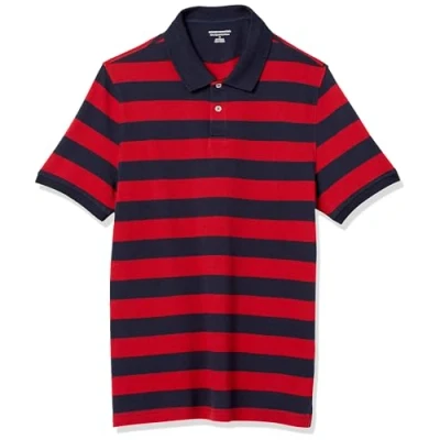 Abbildung von Amazon Essentials Herren Piqué Poloshirt aus Baumwolle, Schmale Passform, Marineblau Rot Rugby Streifen, XXL