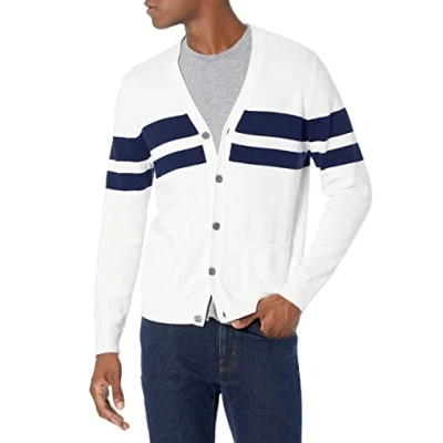 Abbildung von Amazon Essentials Herren Baumwollstrickjacken, Marineblau Weiß Rugby Streifen, XL