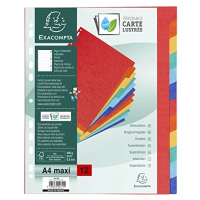 Abbildung von Exacompta 2606E Kunststoff Register für DIN A4 aus Colorspan Karton 12 teilig volle Höhe 24 x 29,7 cm mit verschiedenfarbigen Taben und Blättern Universallochung Trennblätter Trennstreifen