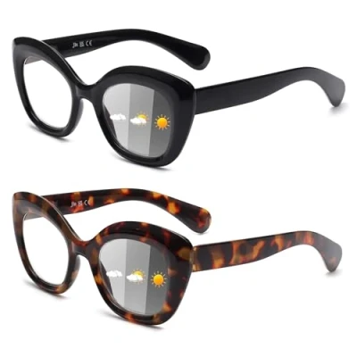 Abbildung von JM 2 Pack Photochrome Lesebrille für Frauen, Katzenauge Blaulicht Blockieren Federscharnier Computer Sonnenbrille,Schwarz Schildkröte +1.75