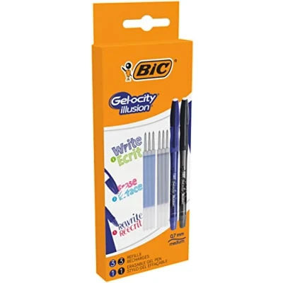 Abbildung von BIC Gel ocity Illusion Tintenroller, 2 Gelstifte inkl. 6 Nachfüllpatronen, in Blau und Schwarz, Strichstärke Medium, Nachfüllbar &amp; Löschbar