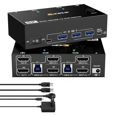 Abbildung von KVM Switch 2 PC Monitore HDMI 8K@60Hz, YOUTINGHDAV USB 3.0 4K@120Hz, Dual Monitor 2.1 Teilen Maus Tastatur, mit Kabeln und Kabelfernbedienung