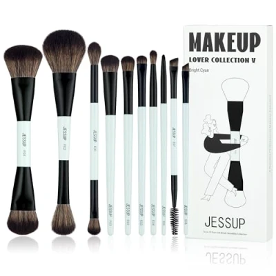 Abbildung von Jessup Pinselset Make Up Pinsel Set, 10tlgs Makeup Pinsel, 14 in 10 Duo End Vielseitigkeitskollektion, Foundation Puder Lidschatten Kontur Eyeliner Highlighter Rouge helles Zyan T500