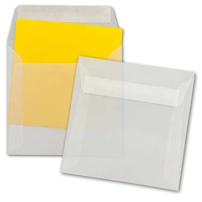 Abbildung von Briefumschläge Transparent 50 Stück quadratische Kuverts 15,5 x cm Starke Qualität 92Gramm/m² Haftklebung ohne Fenster