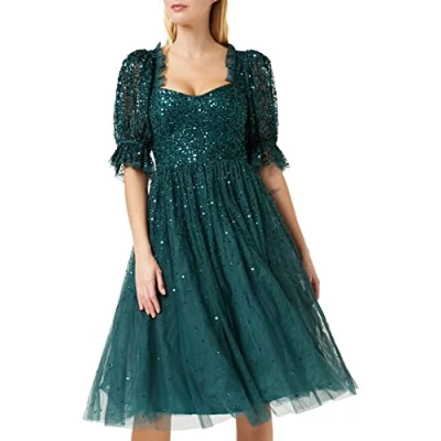 Abbildung von Maya Deluxe Damen Ladies Dress For Women Midi Sequin Embellished Frilly Sweetheart Neckline Puffed Sleeves Wedding Kleid, Emerald Green, 52 EU