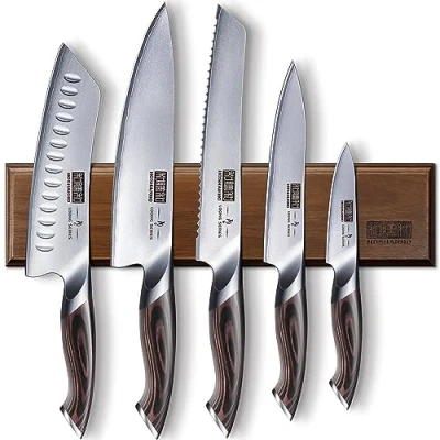 Abbildung von HOSHANHO Messerset 6 Teilig, Ultra Scharfes Küchenmesserset mit Magnetischer Messerhalter, Profi Hochwertigem Carbon Stahl Kochmesserset, Ergonomischer Pakkaholzgriff