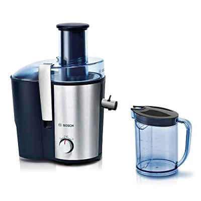 Abbildung von Bosch Hausgeräte Entsafter VitaJuice 3 MES3500, elektrische Saftpresse für Obst und Gemüse, großer Einfüllschacht, 1,25l Saftbehälter, mehrere Geschwindigkeiten, spülmaschinengeeignet, 700 W, blau/silber, Edelstahl