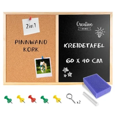 Abbildung von Creative Home 60 x 40 cm Pinnwand Kork &amp; Kreidetafel Kombitafel Schwarz mit 5 Stiften, Kreide und Schwamm Perfekt für Küche Korkwand Wandtafel Blackboard Pinwand Memoboard Visionboard