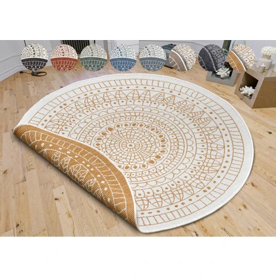 Abbildung von Northrugs Porto in und Outdoor Teppich Rund Runder Wendeteppich Wasserfest Mandala Design Flachgewebe Wetterfest für Balkon, Terrasse, Garten, Wohnzimmer Ocker, ⌀200cm