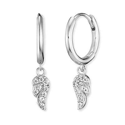 Abbildung von Engelsrufer Damen Creole aus Sterling Silber mit einem silbernen beweglichen Flügelchen besetzt Zirkonia Steinen Clipverschluss nickelfrei Größe: 23mm