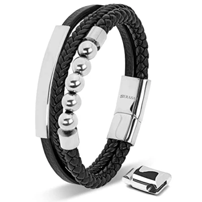 Abbildung von SERASAR Herren Armband 20cm Silber Männer Leder Armreif Lederband Herrenarmreif Armschmuck Schmuck Herrenschmuck Armkette Flecht Wickelarmband Armbändchen Bracelet