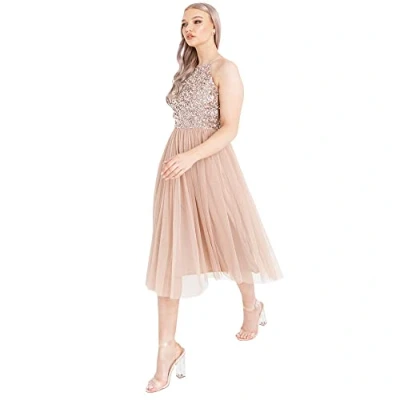 Abbildung von Maya Deluxe Damen Deluxetaupe Blush Embellished Halter Neck Midi Bridesmaid Dress, Taupe Blush, 42 EU