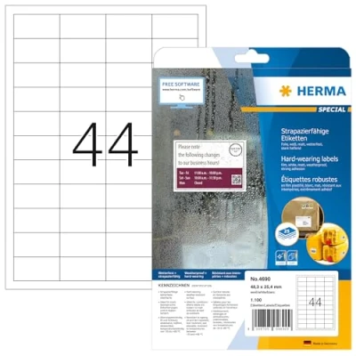 Abbildung von HERMA 4690 Wetterfeste Folienetiketten, 25 Blatt, 48,3 x 25,4 mm, 44 pro A4 Bogen, 1100 Stück, selbstklebend, bedruckbar, matt, blanko Klebeetiketten Aufkleber aus Folie, weiß