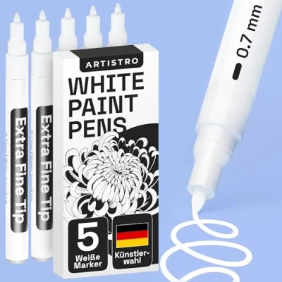 Abbildung von 5 Weiße Acrylstifte für Steine, Zeichenstifte, Felsmalerei, Keramik, Glas, Holz, Reifen, Stoff, Metall, Leinwand, DYI, er Set Acrylfarbe Permanent Marker Weiß auf Wasserbasis mit Extra Feiner Spitze