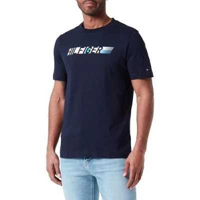 Abbildung von Tommy Hilfiger Herren T Shirt Kurzarm Multicolour Tee Rundhalsausschnitt, Blau (Desert Sky), S