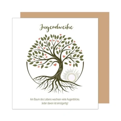 Abbildung von Edition Seidel Premium quadratische Glückwunschkarte zur Jugendweihe mit Umschlag. Jugendweihekarte Karte Grußkarte Junge Mädchen Jugendliche Lebensbaum Baum (JWQ110 SW025)