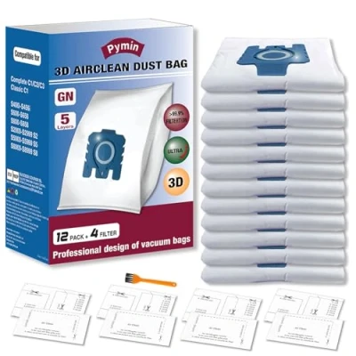 Abbildung von Pymin 12 Stück 3D Staubbeutel kompatibel mit Miele GN Staubsaugerbeutel für Classic C1 Complete C2 C3, S2 S5 S8 S400 S600 S800 Serie 4 Motorschutzfilter und Abluftfilter (9917730)