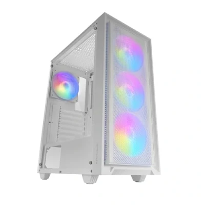 Abbildung von MARSGAMING MC AIR, Gaming ATX Gehäuse, 4X FRGB Rainbow 120mm Lüfter, Mesh Frontpanel, Komplettes Seitliches Hartglasfenster, Doppelkammersystem, Unterstützung für Wasserkühlung, Weiß