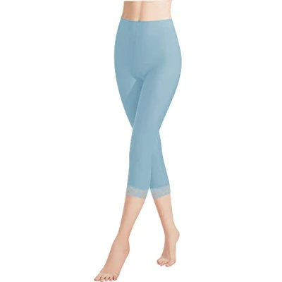 Abbildung von Libella Damen Leggings 3/4 Hose mit Spitze aus Baumwolle Capri Hohe Taille bunt Slim Fitnesshose Blau S 4166