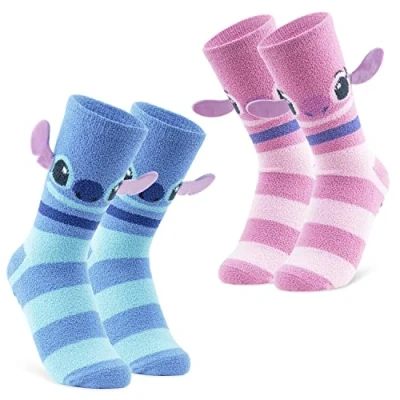 Abbildung von Disney Damen Socken, 2er Set Kuschelsocken Flauschig mit ABS Stitch und Angel (Pink/Blau Streifen)