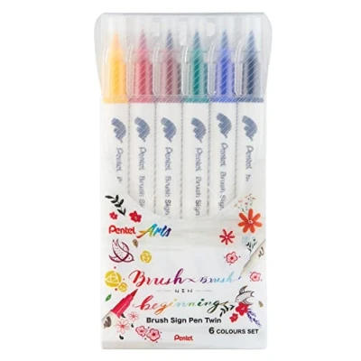 Abbildung von Pentel SESW30C 6 Brush Sign Pen Twin, Farben Set, Fasermaler mit zwei flexiblen Schreibspitzen, Tinte auf Wasserbasis, sortiert, 1 Stück (6er Pack)