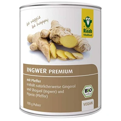 Abbildung von Raab Vitalfood Bio Ingwer Pulver Premium mit Pfeffer, vegan, enthält natürlicherweise Gingerol, laborgeprüft in Deutschland, 100 g 3696