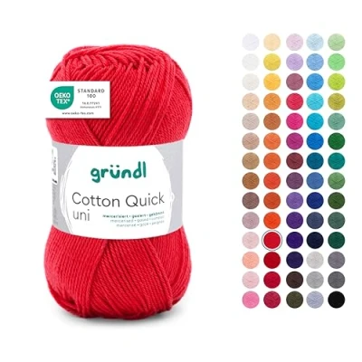 Abbildung von Gründl Wolle Cotton Quick uni dünne zum Häkeln Strickgarn Häkelgarn Glänzend und hautfreundlich 100% Baumwolle 1 Knäuel 50 g / 125 m Nadelstärke 3 4 feuerrot