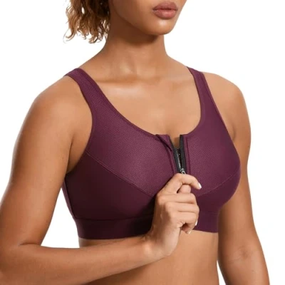 Abbildung von SYROKAN Damen Sport BH Starker Halt Vorderverschluss Ohne Bügel Und Einlagen für Nach Brust OP Fitness Lauf Yoga Dunkelrot 80B