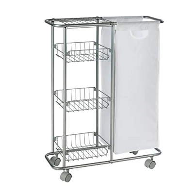 Abbildung von WENKO Sammelwagen Slim, 3 Etagen, extra schmaler Rollwagen mit Vier leichtgängigen Rollen, inkl. abtrennbarem Sack für PET Flaschen oder Wäsche, 28 L, pulverbeschichtetes Metall, 58 x 80 20 cm