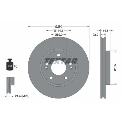 Abbildung von TEXTAR PRO 92243103 Bremsscheibe 280 23 05/07 114,3 innenbelüftet beschichtet ohne Radbefestigungsbolzen, Radnabe KIA: cee‘d II Hatchback