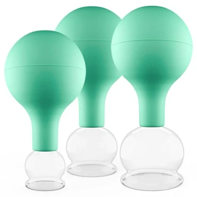 Abbildung von Pulox Schröpfgläser Set aus Echtglas mit Saugball 3x Medizinisches Schröpfglas in Grün 25mm, 32mm, 40mm