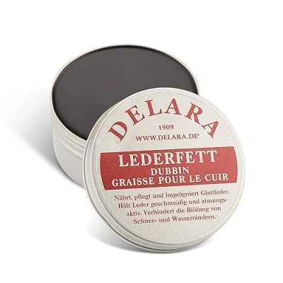 Abbildung von DELARA Hochwertiges Lederfett, nährt, imprägniert und pflegt Schuhe, Taschen, Reitsättel Möbel aus Leder, Dose mit 100 ml, Farbe: Braun Made in Germany