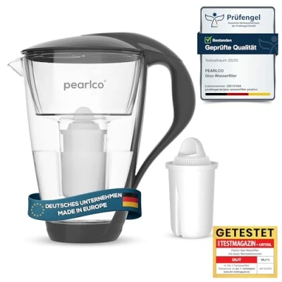 Abbildung von GLAS Wasserfilter PearlCo (anthrazit) mit 1 Classic Filterkartusche Reduzierung von Kalk, Chlor, Blei &amp; Kupfer Glaskanne kompatibel zu Brita Made in EUR