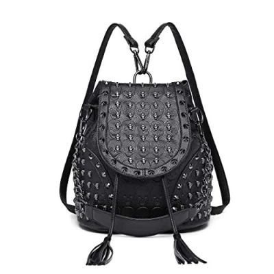 Abbildung von Miss Lulu Mode Rucksack Handtaschen für Frauen Schultergurt mit Kette Kunstleder Studded Geprägt Schädel Schwarz
