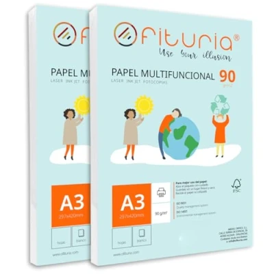 Abbildung von Packung mit 500 weißen DIN A3 Blättern, 90g Druckerpapier. Multifunktionales Kopierpapier für Schule und Büro. Ideal Laserdrucker, Tintenstrahldrucker oder Kopierer Ofituria