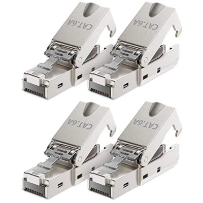 Abbildung von deleyCON 4x CAT 6a Werkzeugloser RJ45 Netzwerkstecker mit LSA Anschluss für Starre Verlegekabel Geschirmt 10 Gbit/s LAN Kabel Netzwerkkabel Stecker CAT6a Metallgehäuse