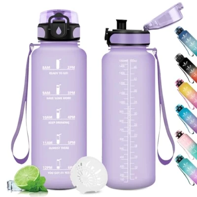 Abbildung von Sportflasche 1.5L, Auslaufsicher Wasserflasche mit Filter, Trinkflasche Sport Zeitmarkierung, für Fitness, Camping, Fahhrad, Outdoor, Erwachsene, Wandern