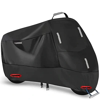 Abbildung von Motorradabdeckung Outdoor Indoor 300D Moped Abdeckung Roller Plane Wasserdicht Garage mit 5 Reflektionsstreifen und 2 Schlossloch, Winddichte Schnalle 1 Tasche (XXXXL: 290x95x140cm)