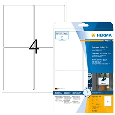 Abbildung von HERMA 9534 Wetterfeste Folienetiketten, 10 Blatt, 99,1 x 139 mm, 4 pro A4 Bogen, 40 Stück, selbstklebend, bedruckbar, matt, blanko Outdoor Klebeetiketten Aufkleber aus Polyethylen, weiß