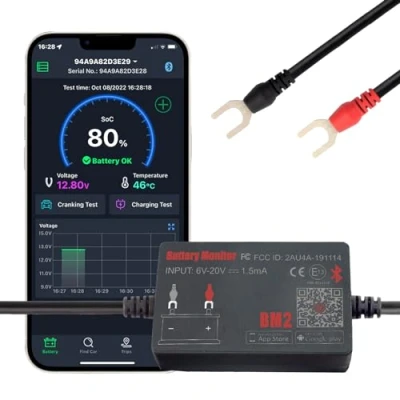 Abbildung von Batterie Monitor Bluetooth 4.0 Wireless Batterietester, Auto Ladestart und Alarm System Digital Analyzer Geeignet für 12V Solarsysteme Motorräder Boote Autos Kompatibel Android iOS