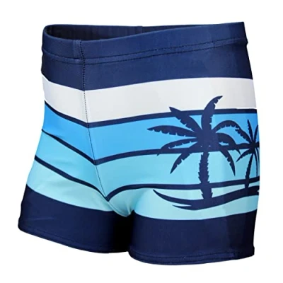 Abbildung von Aquarti Jungen Badehose Gestreift mit Motiven, Farbe: Dunkelblau/Blau/Palmen, Größe: 152