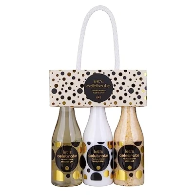 Abbildung von accentra Let&#039;s celebrate Geschenkset Frauen in Plastik Sekt Fläschchen Bade &amp; Duschset mit Tea Rose Velvet inkl. Duschgel, Bodylotion Badesalz 3 Teiliges Wellness Set für Damen Mädchen