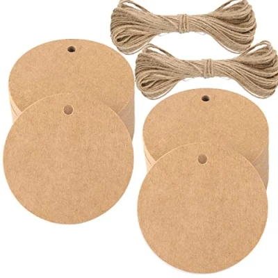 Abbildung von G2PLUS 100 Stk. Braun Geschenkanhänger, Rund Anhänger Etiketten, 5.5 CM kraftpapier Etiketten Tags mit Jute Schnur, Blanko Papieranhänger für Art &amp; Craft Projekt