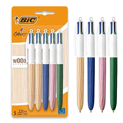 Abbildung von BIC 4 Farben Kugelschreiber Set Colours Wood Effect, 5er Pack, in Holzoptik, nachfüllbar, Ideal für das Büro, Home Office oder die Schule, 1 Stück (5er Pack)